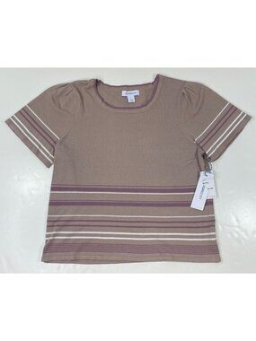 Liz Claiborne Womens Taupe  Cream Striped Short Sleeve Top Size Large